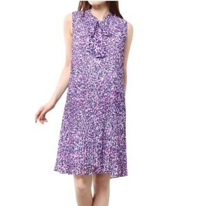 DKNY Women's Multi Dot Chiffon Pleats Bow Tie Neck Dress 16 EUC